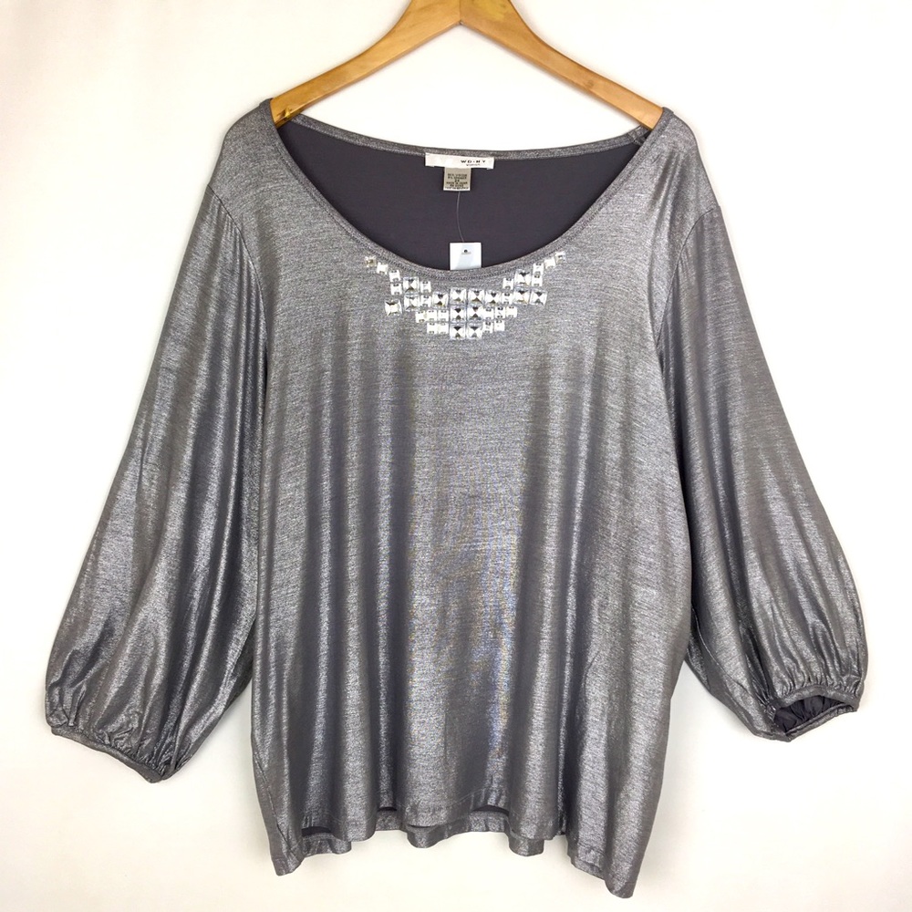 WD.NY Holiday Blouse Metallic Silver 2X NWT Beaded Festive New With Tags